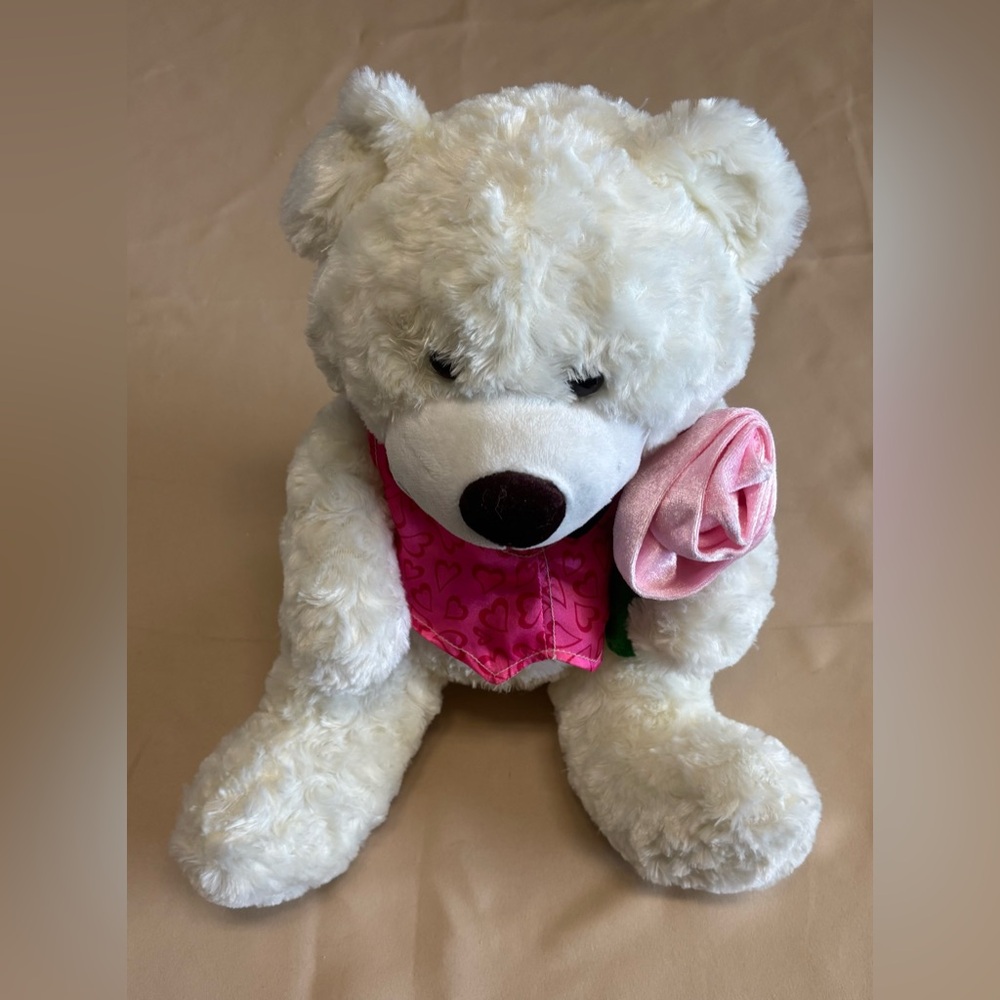 White Teddy Bear Pink‎ Heart Vest Holding Pink Rose 14" Plush Stuffed Animal